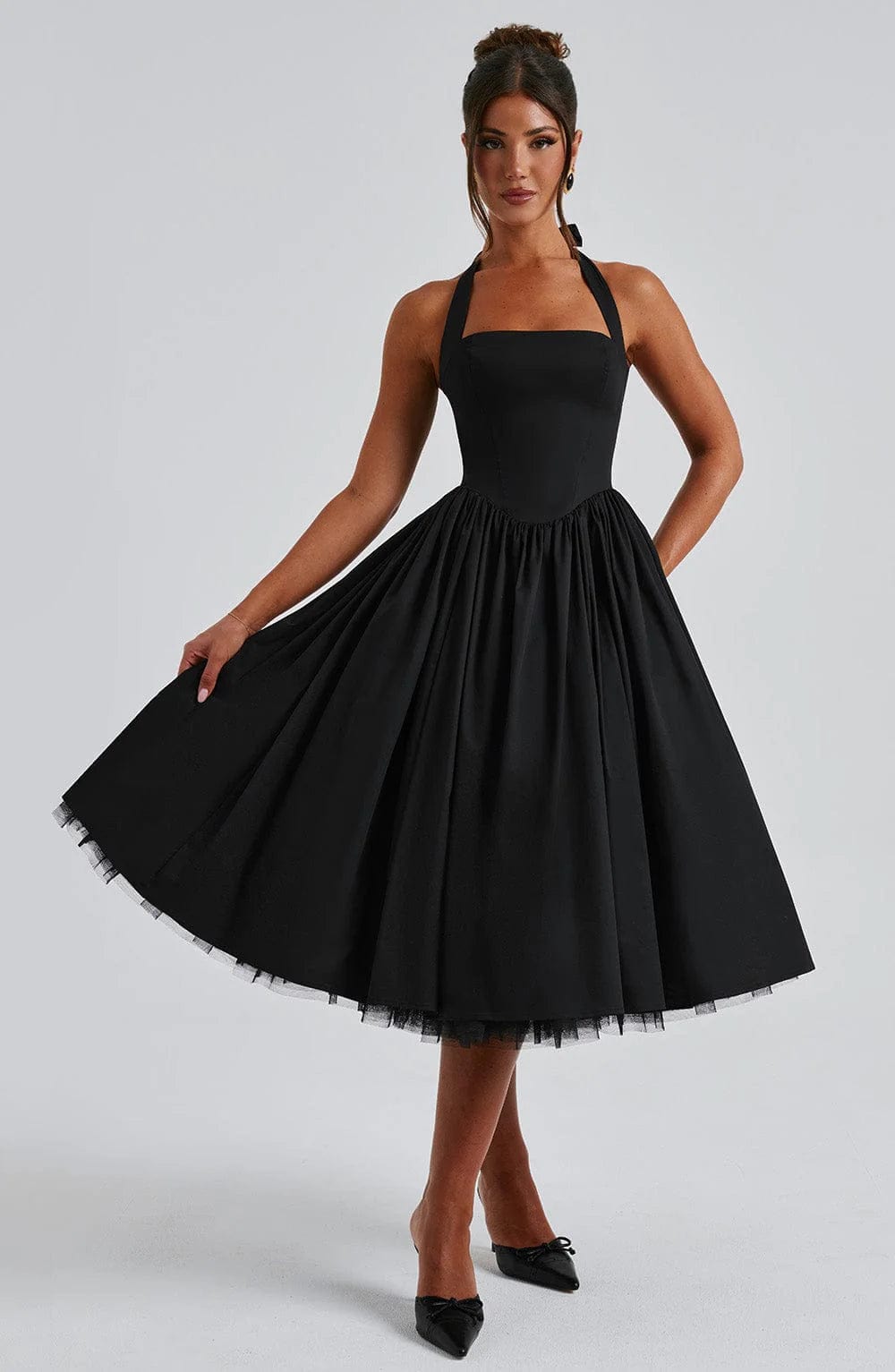Elena Boned Lace-Up Midi Dress