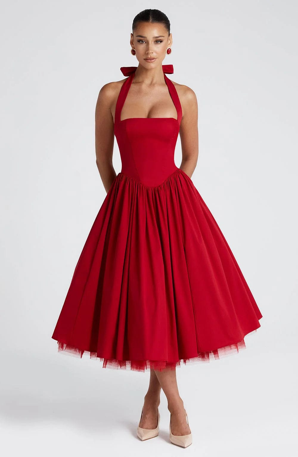 Elena Boned Lace-Up Midi Dress