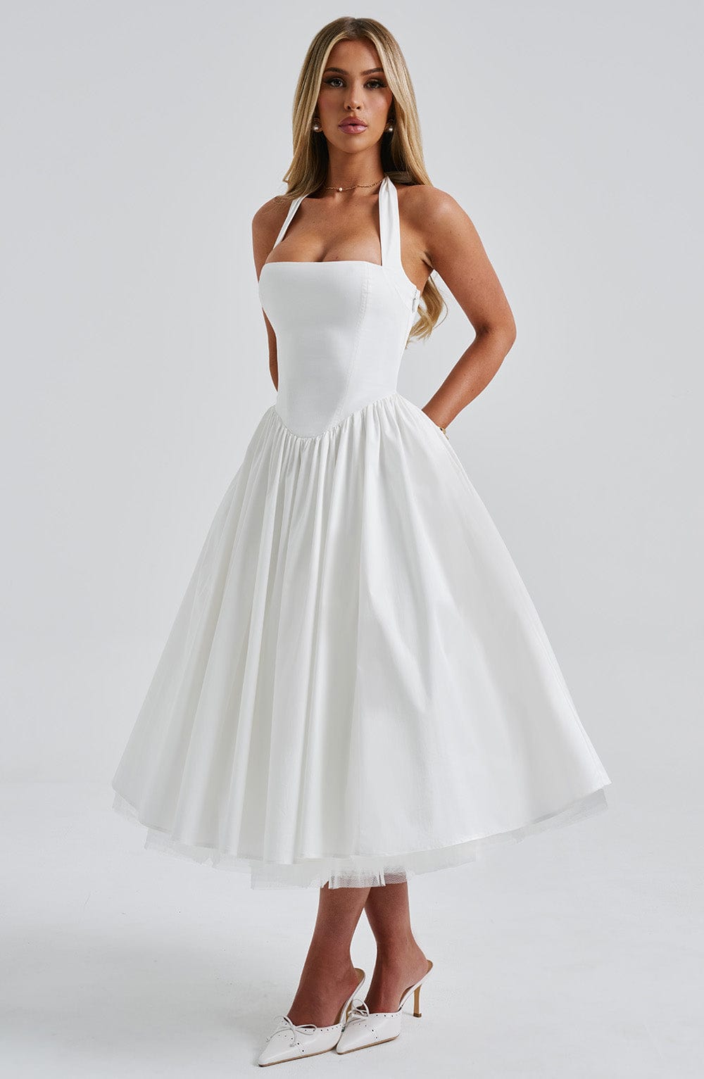 Elena Boned Lace-Up Midi Dress