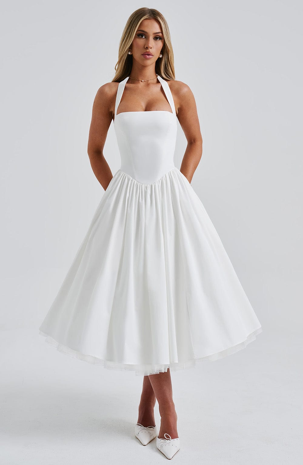 Elena Boned Lace-Up Midi Dress