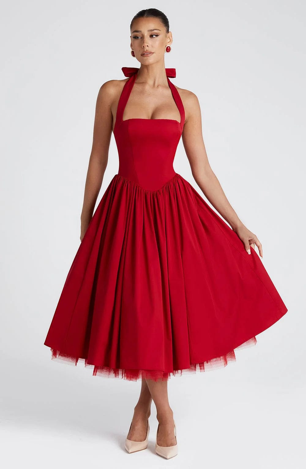 Elena Boned Lace-Up Midi Dress