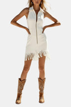 Kendra White Zip-Front Fringe Denim Mini Dress