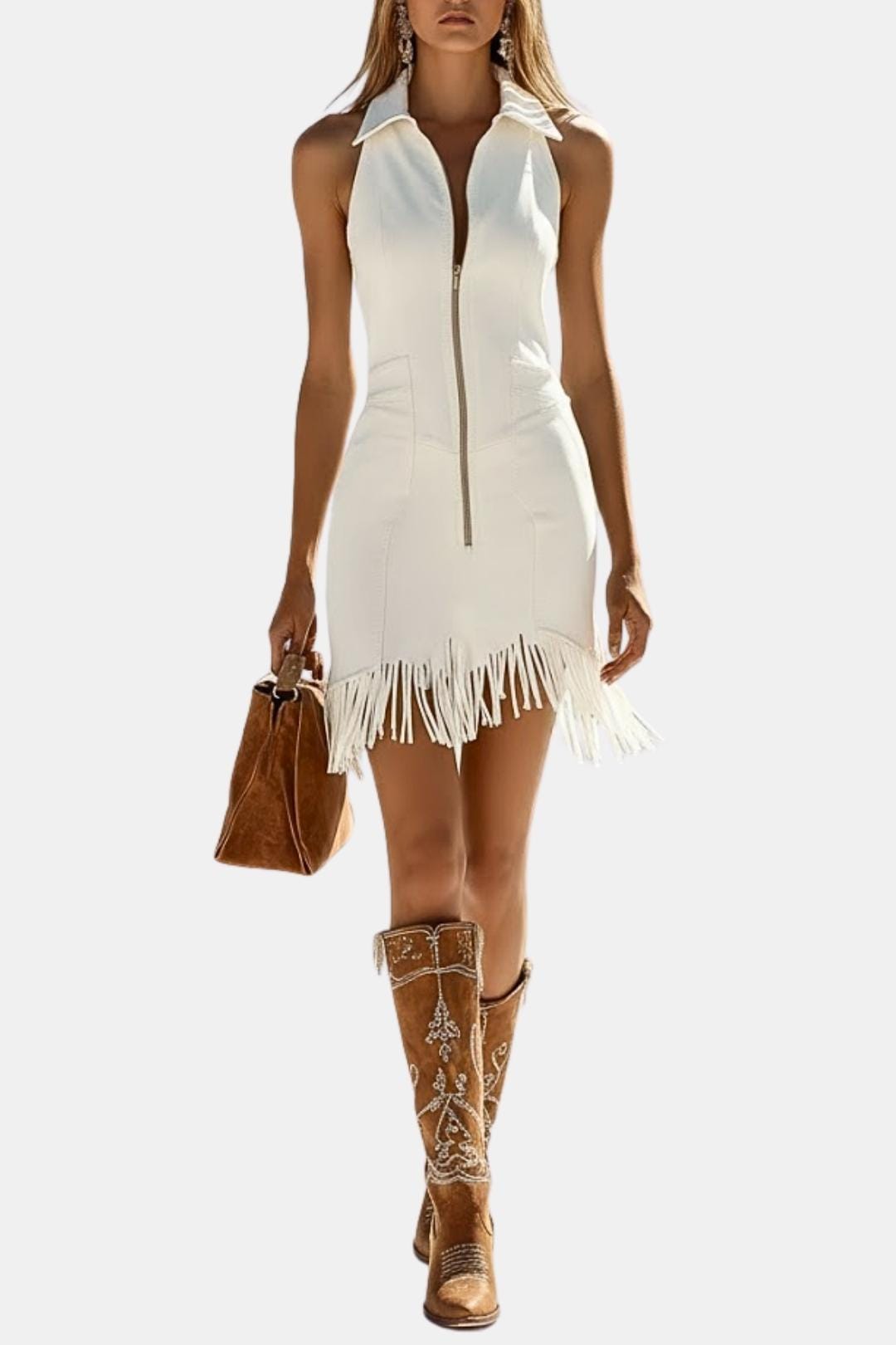 Kendra White Zip-Front Fringe Denim Mini Dress