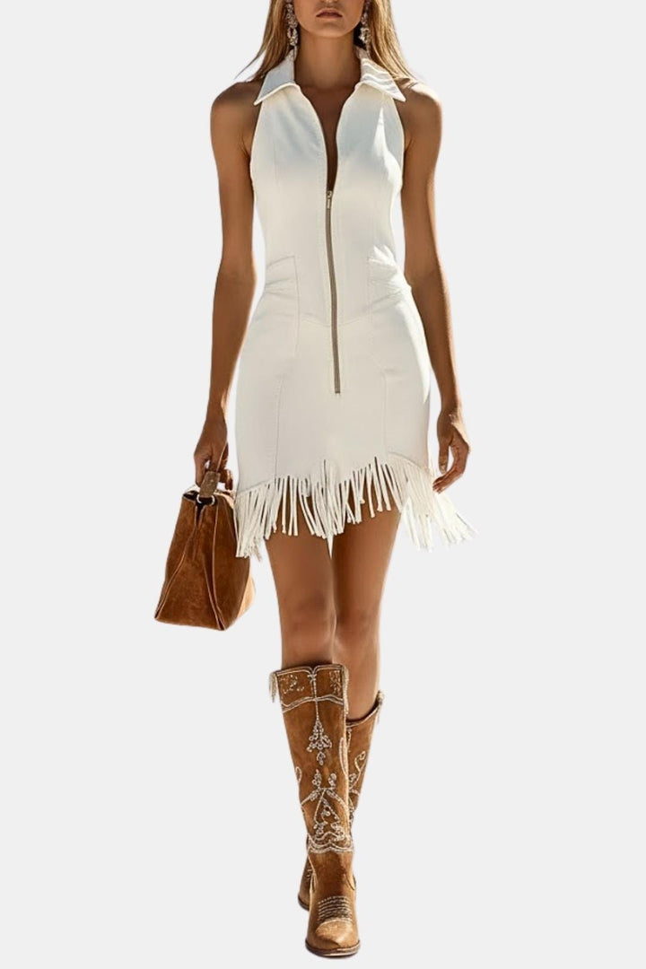 Kendra White Zip-Front Fringe Denim Mini Dress