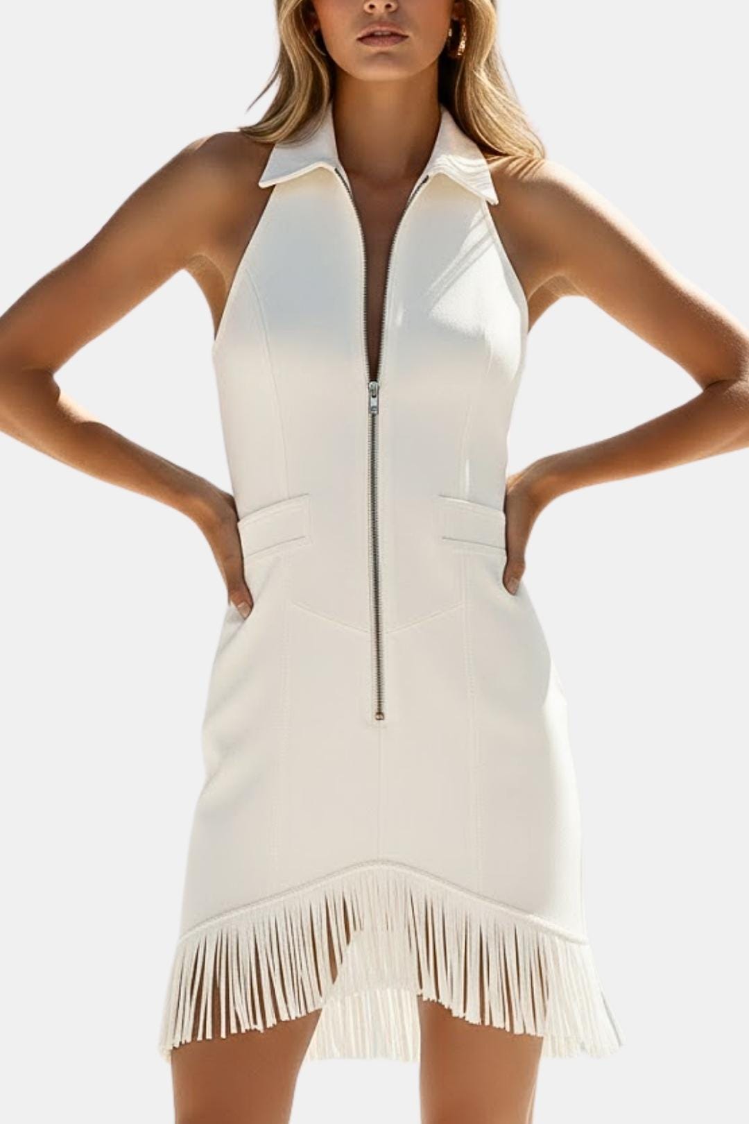 Kendra White Zip-Front Fringe Denim Mini Dress