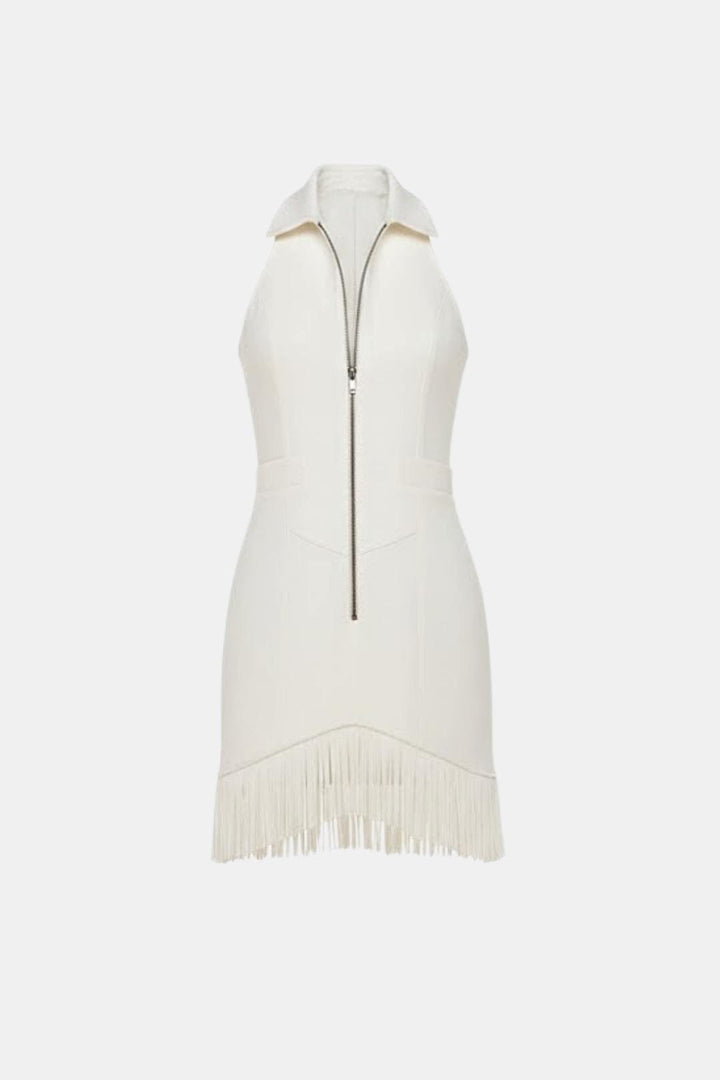 Kendra White Zip-Front Fringe Denim Mini Dress