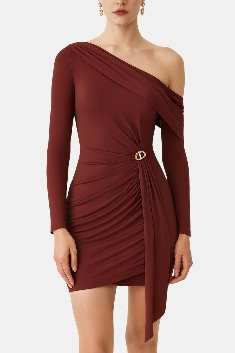 Rosalie Metallic Ruched Asymmetric Midi Dress