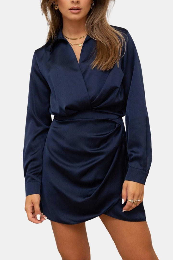 Sophia Navy Blue Satin Shirt-Style Mini Dress