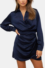 Sophia Navy Blue Satin Shirt-Style Mini Dress