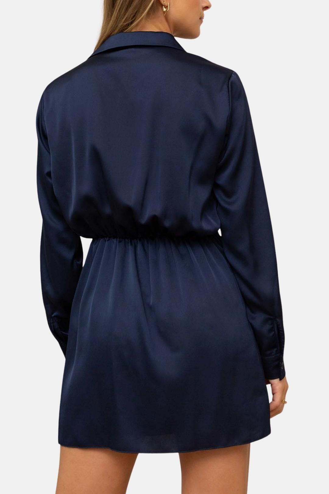 Sophia Navy Blue Satin Shirt-Style Mini Dress
