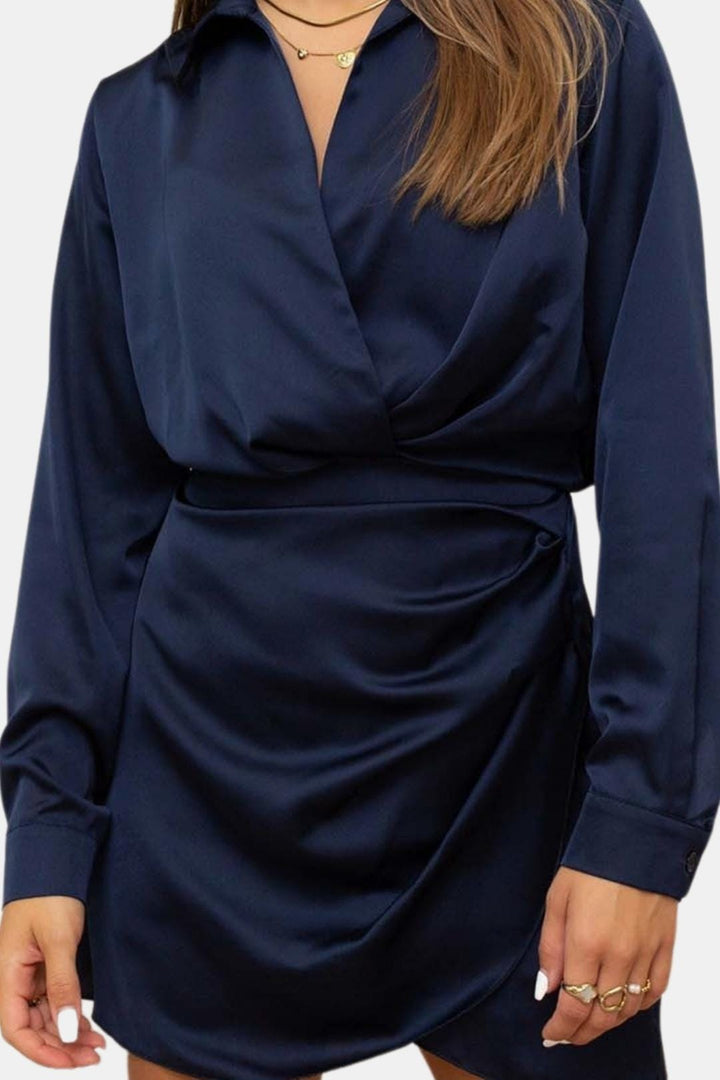 Sophia Navy Blue Satin Shirt-Style Mini Dress